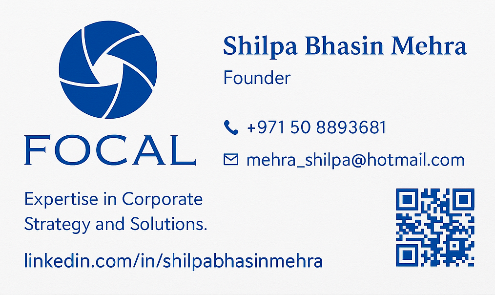 FOCAL logo and Shilpa Bhasin Mehra contact card